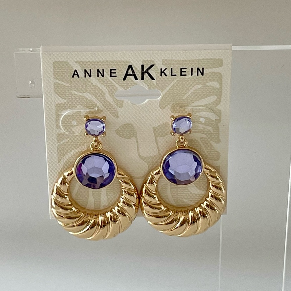 Anne Klein Gold-Tone Hoop Design Earrings with Purple Cabochon and Stud